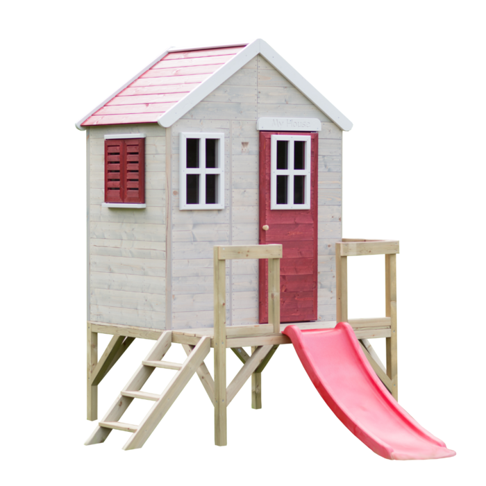 Speelhuis hout op platform met glijbaan | rood
