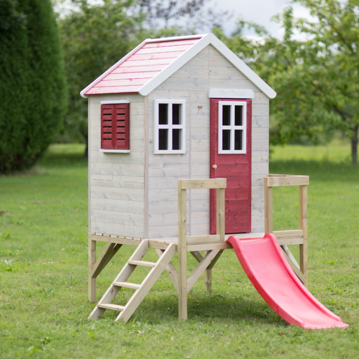 Speelhuis hout op platform met glijbaan | rood