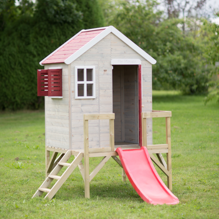 Speelhuis hout op platform met glijbaan | rood
