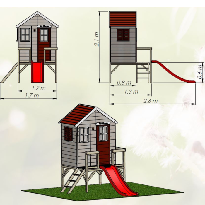 Speelhuis hout op platform met glijbaan | rood