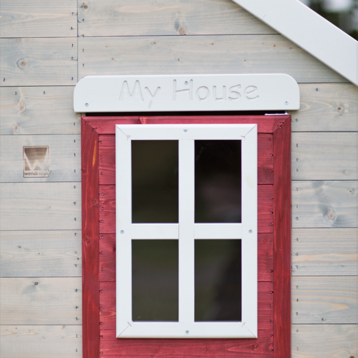 Speelhuis hout op platform met glijbaan | rood