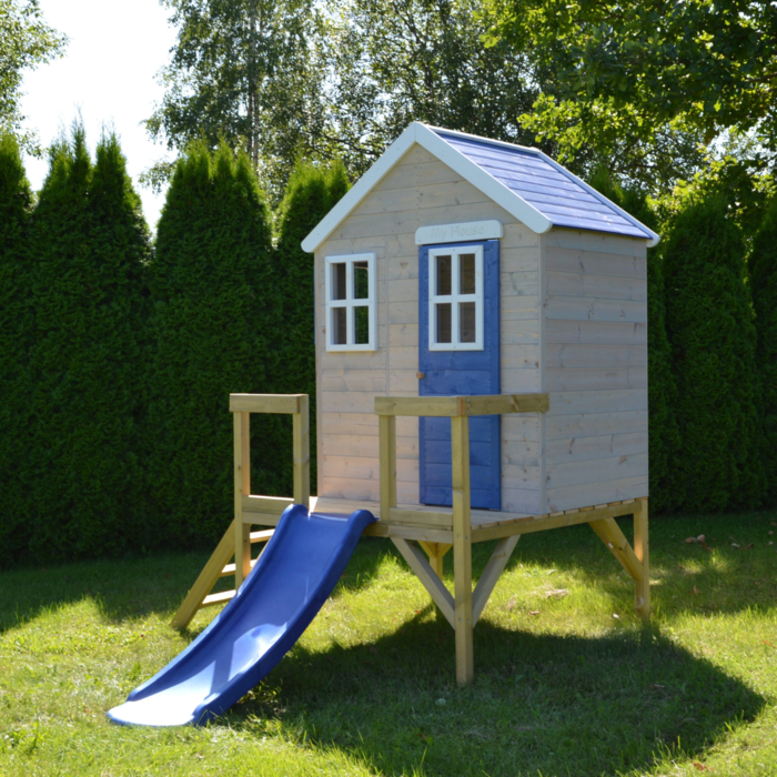 Speelhuis hout op platform met glijbaan | blauw