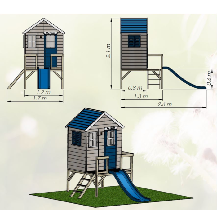 Speelhuis hout op platform met glijbaan | blauw
