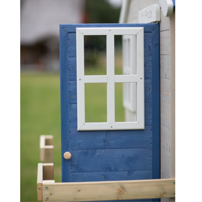 Speelhuis hout op platform met glijbaan | blauw