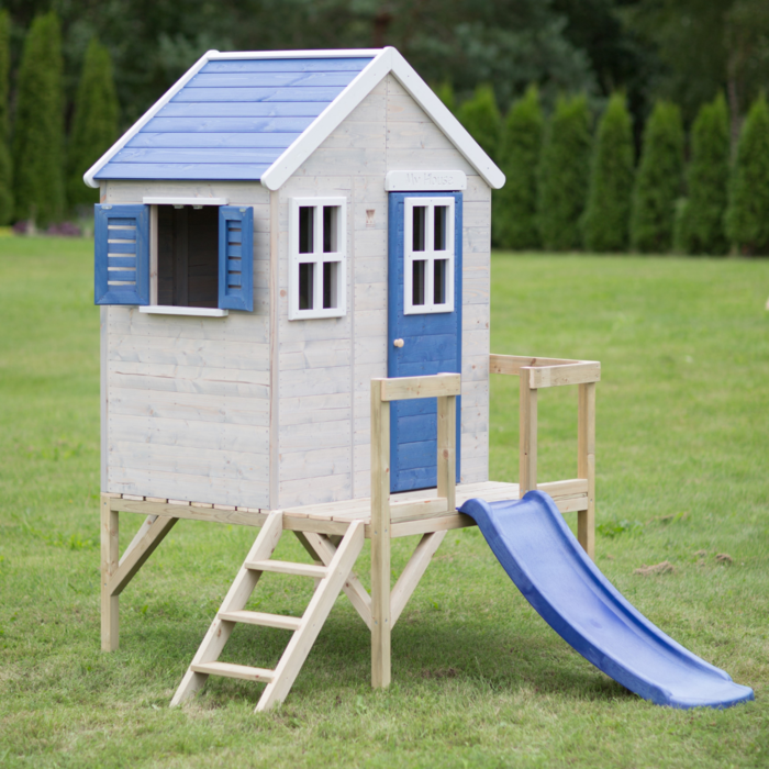 Speelhuis hout op platform met glijbaan | blauw