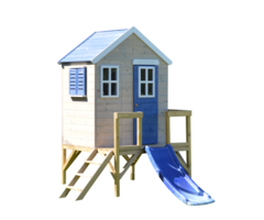 Speelhuis hout op platform met glijbaan