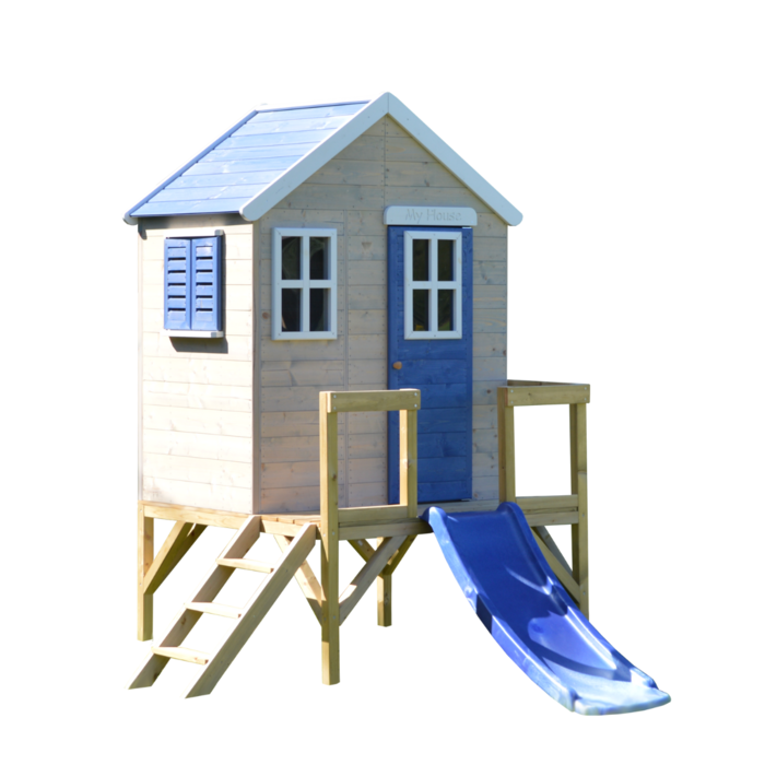 Speelhuis hout op platform met glijbaan | blauw