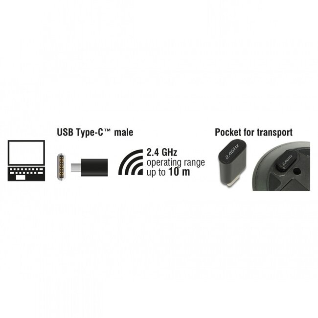 DeLOCK draadloze USB-C mini muis met 3 knoppen - 1000 DPI / zwart