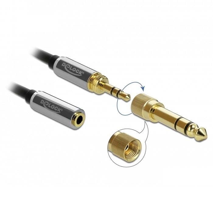 DeLOCK Premium 3,5mm Jack stereo audio verlengkabel met schroefbare 6,35mm Jack adapter / zwart - 1 meter