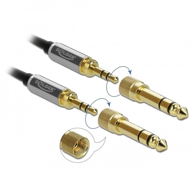 Premium 3,5mm Jack stereo audio kabel met schroefbare 6,35mm Jack adapters / zwart - 1 meter