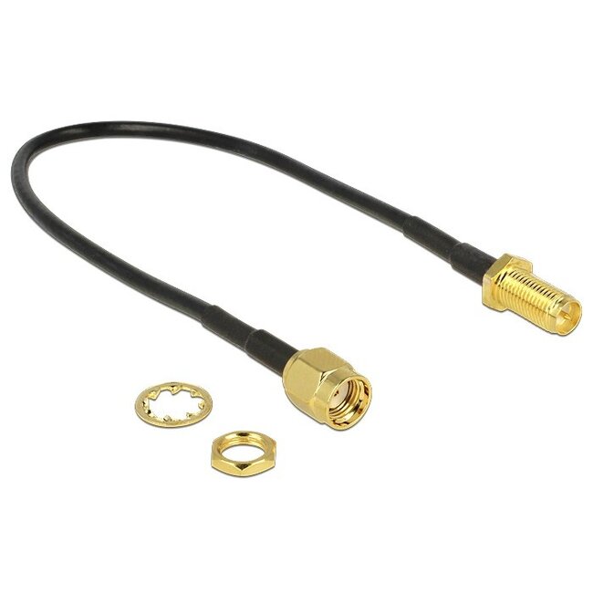 RP-SMA (m) - RP-SMA (v) inbouw adapter - RG174 - 50 Ohm / zwart - 0,20 meter