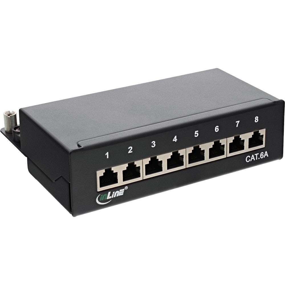 Premium CAT6a Gigabit DIN Rail Patch Panel 1U met 8 poorten - afgeschermd / zwart