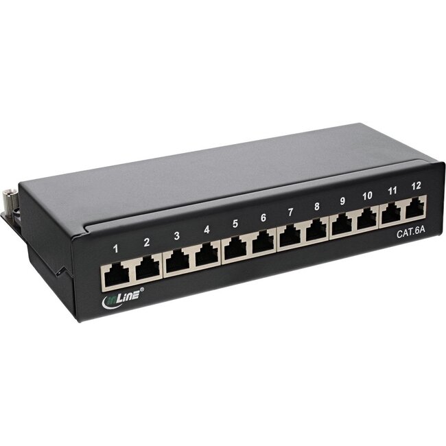 Premium CAT6a Gigabit DIN Rail Patch Panel 1U met 12 poorten - afgeschermd / zwart