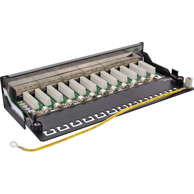 Premium CAT6a Gigabit DIN Rail Patch Panel 1U met 12 poorten - afgeschermd / zwart