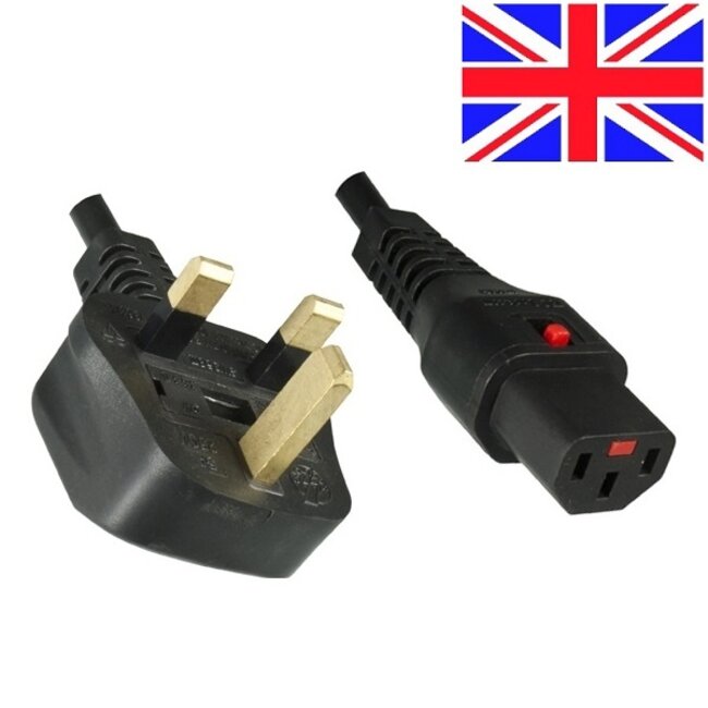 IEC Lock apparaatsnoer met rechte C13 plug en haakse Britse (type G) stekker - 3x 1,00mm / zwart - 2 meter