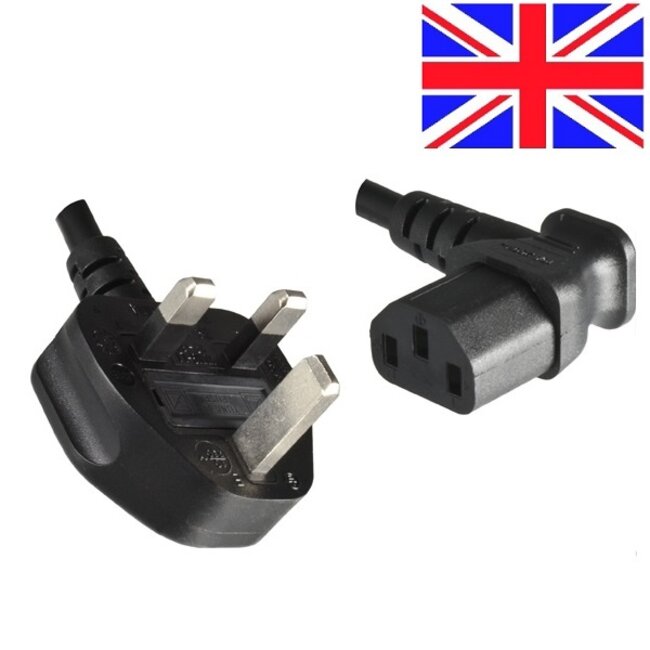 Apparaatsnoer met haakse C13 plug en haakse Britse (type G) stekker - 3x 0,75mm / zwart - 2 meter