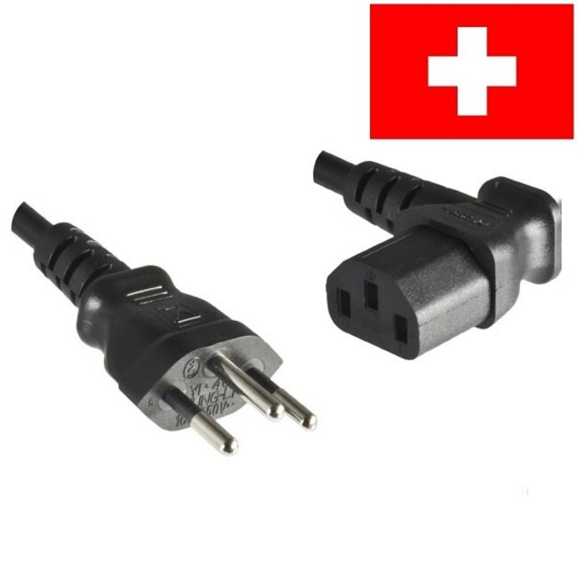 Apparaatsnoer met haakse C13 plug en rechte Zwitserse (type J) stekker - 3x 0,75mm / zwart - 1 meter