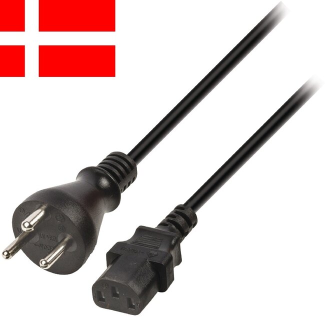 Apparaatsnoer met rechte C13 plug en rechte type K stekker (Denemarken) - 3x 1,00mm / zwart - 3 meter