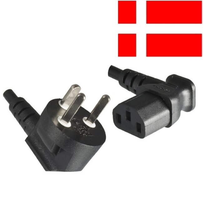 Apparaatsnoer met haakse C13 plug en haakse type K stekker (Denemarken) - 3x 0,75mm / zwart - 1,8 meter