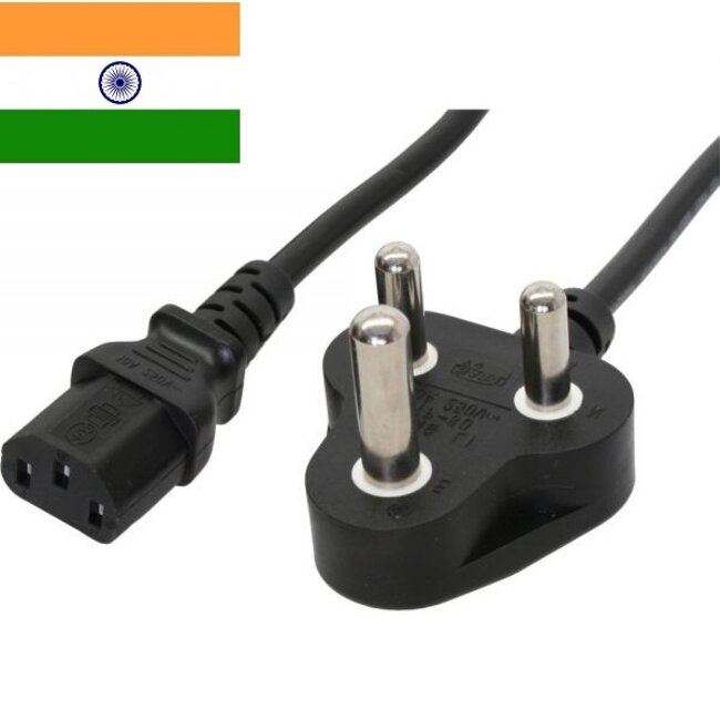 Apparaatsnoer met rechte C13 plug en haakse type D stekker (India) - 3x 0,75mm / zwart - 1,8 meter