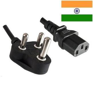 DINIC Apparaatsnoer met rechte C13 plug en haakse type M stekker (India) - 3x 0,75mm / zwart - 1,8 meter