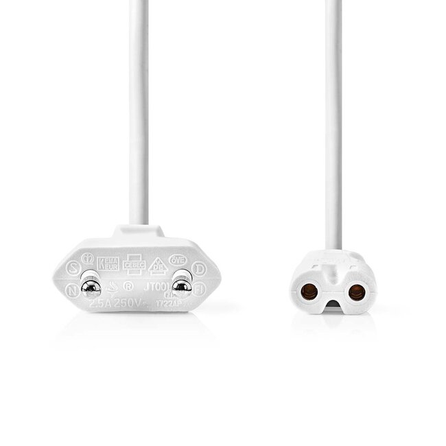 C7 (recht) - CEE 7/16 (recht) stroomkabel - 2x 0,75mm / wit - 10 meter