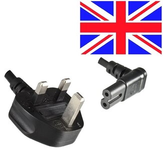 DINIC Stroomkabel met haakse C7 plug en haakse Britse (type G) stekker - 2x 0,75mm / zwart - 1,8 meter