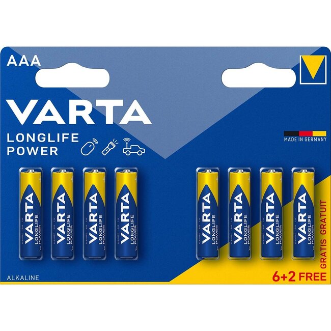 Varta AAA (LR03) Longlife Power batterijen - 8 stuks in blister