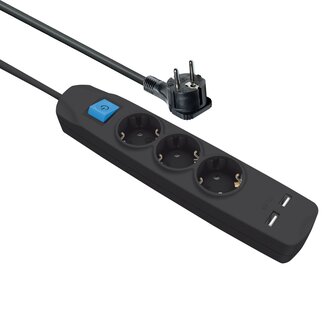 MaxTrack MaxTrack stekkerdoos met 3 contacten en 2x USB / zwart - 1,5 meter