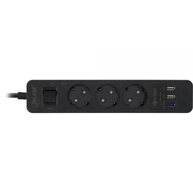 InLine stekkerdoos met 3 contacten en 3x USB - Quick Charge 3.0 / zwart - 1,5 meter