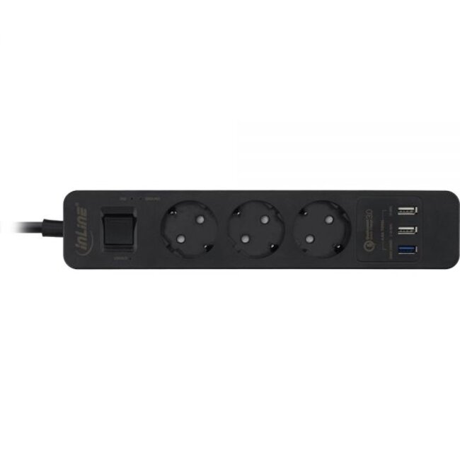 InLine stekkerdoos met 3 contacten en 3x USB - Quick Charge 3.0 / zwart - 1,5 meter