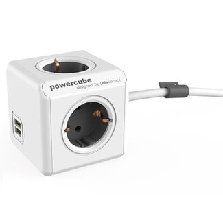 Allocacoc PowerCube Extended stekkerdoos met 4 contacten en 2x USB / grijs/wit - 3 meter