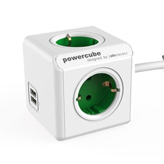 Allocacoc PowerCube Extended stekkerdoos met 4 contacten en 2x USB / groen/wit - 1,5 meter