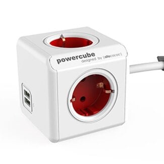Allocacoc PowerCube Extended stekkerdoos met 4 contacten en 2x USB / rood/wit - 1,5 meter