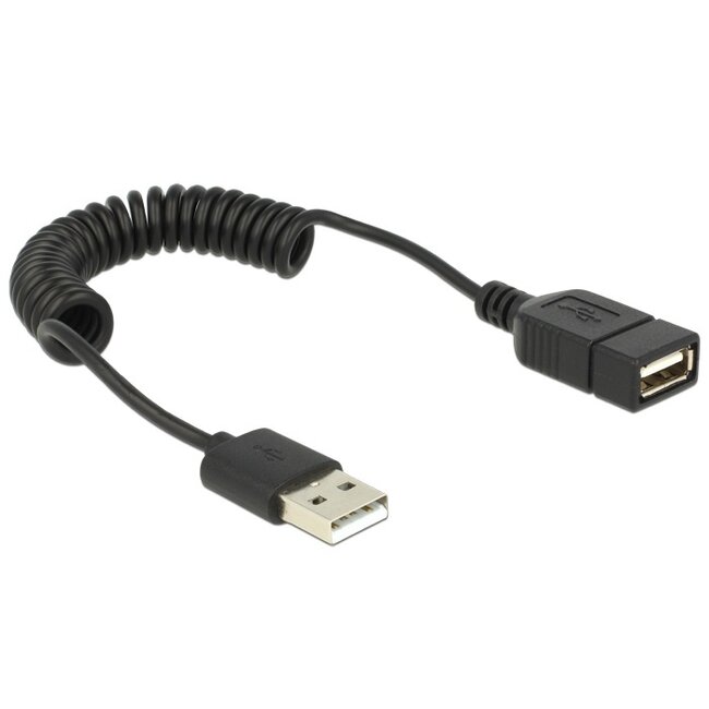 USB naar USB spiraal verlengkabel - USB2.0 - tot 2A / zwart - 0,60 meter