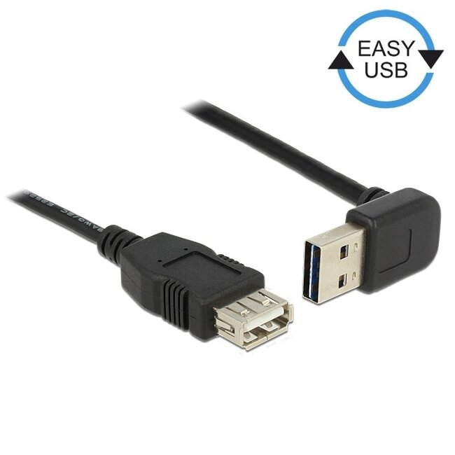Easy-USB-A haaks (boven/beneden) naar USB-A verlengkabel - USB2.0 - tot 2A / zwart - 0,50 meter