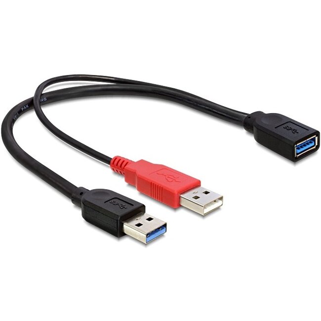 USB naar USB Y-adapter - USB3.0 - tot 2A / zwart - 0,30 meter