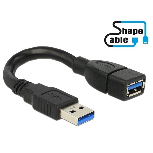 USB naar USB vormbare verlengkabel - USB3.0 - tot 2A / zwart - 0,15 meter