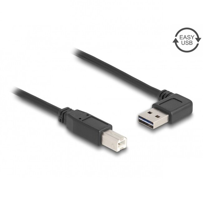 Easy-USB-A haaks (links/rechts) naar USB-B kabel - USB2.0 - tot 2A / zwart - 1 meter
