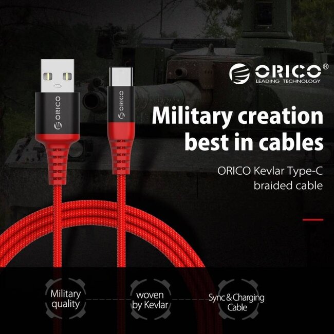 Orico USB-C naar USB-A supersterke aramid fiber kabel - tot 3A / rood - 1 meter
