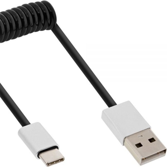 InLine USB-C naar USB-A spiraalkabel - USB2.0 - tot 3A / zwart - 0,50 meter