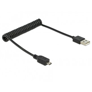 DeLOCK USB Micro B naar USB-A spiraalkabel - USB2.0 - tot 2A / zwart - 0,60 meter