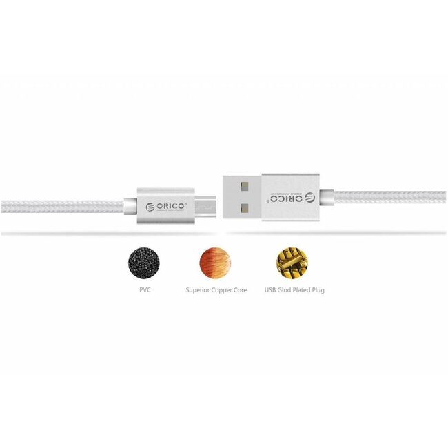 Orico USB Micro B naar USB-A kabel - USB2.0 - tot 2A / zilver - 1 meter