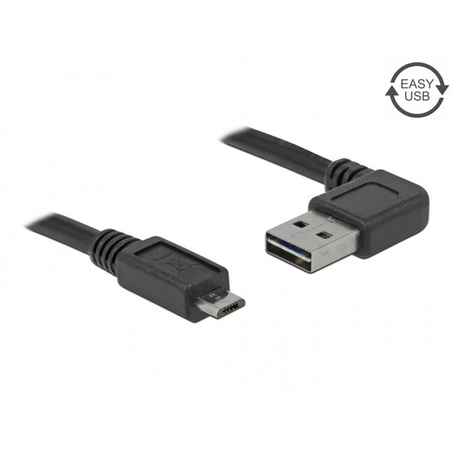 Micro USB naar Easy-USB-A haaks (links/rechts) kabel - USB2.0 - tot 2A / zwart - 2 meter