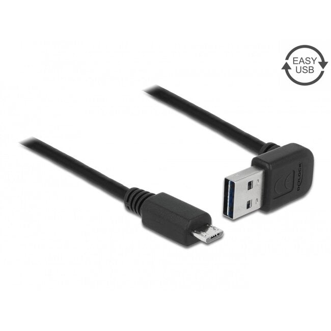 Micro USB naar Easy-USB-A haaks (boven/beneden) kabel - USB2.0 - tot 2A / zwart - 5 meter