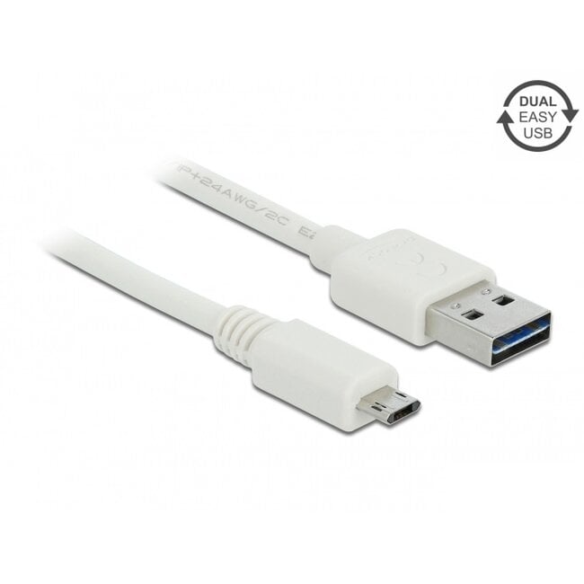 Easy-Micro USB naar Easy-USB-A kabel - USB2.0 - tot 2A / wit - 0,50 meter
