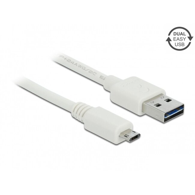 Easy-Micro USB naar Easy-USB-A kabel - USB2.0 - tot 2A / wit - 2 meter