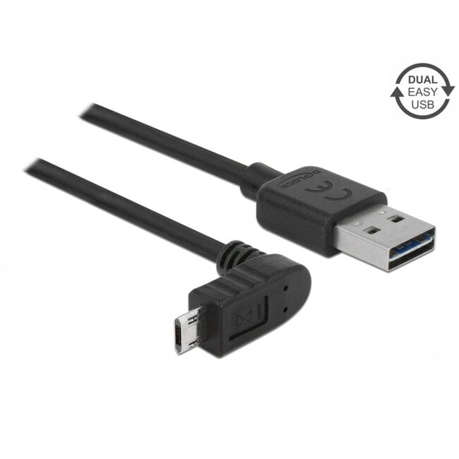 Easy-Micro USB haaks (boven/beneden) naar Easy-USB-A kabel - USB2.0 - tot 2A / zwart - 1 meter