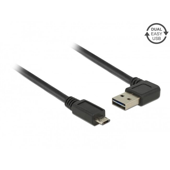 Easy-Micro USB naar Easy-USB-A haaks (links/rechts) kabel - USB2.0 - tot 2A / zwart - 0,50 meter