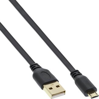 InLine USB Micro B naar USB-A platte kabel - USB2.0 - tot 2A / zwart - 0,30 meter